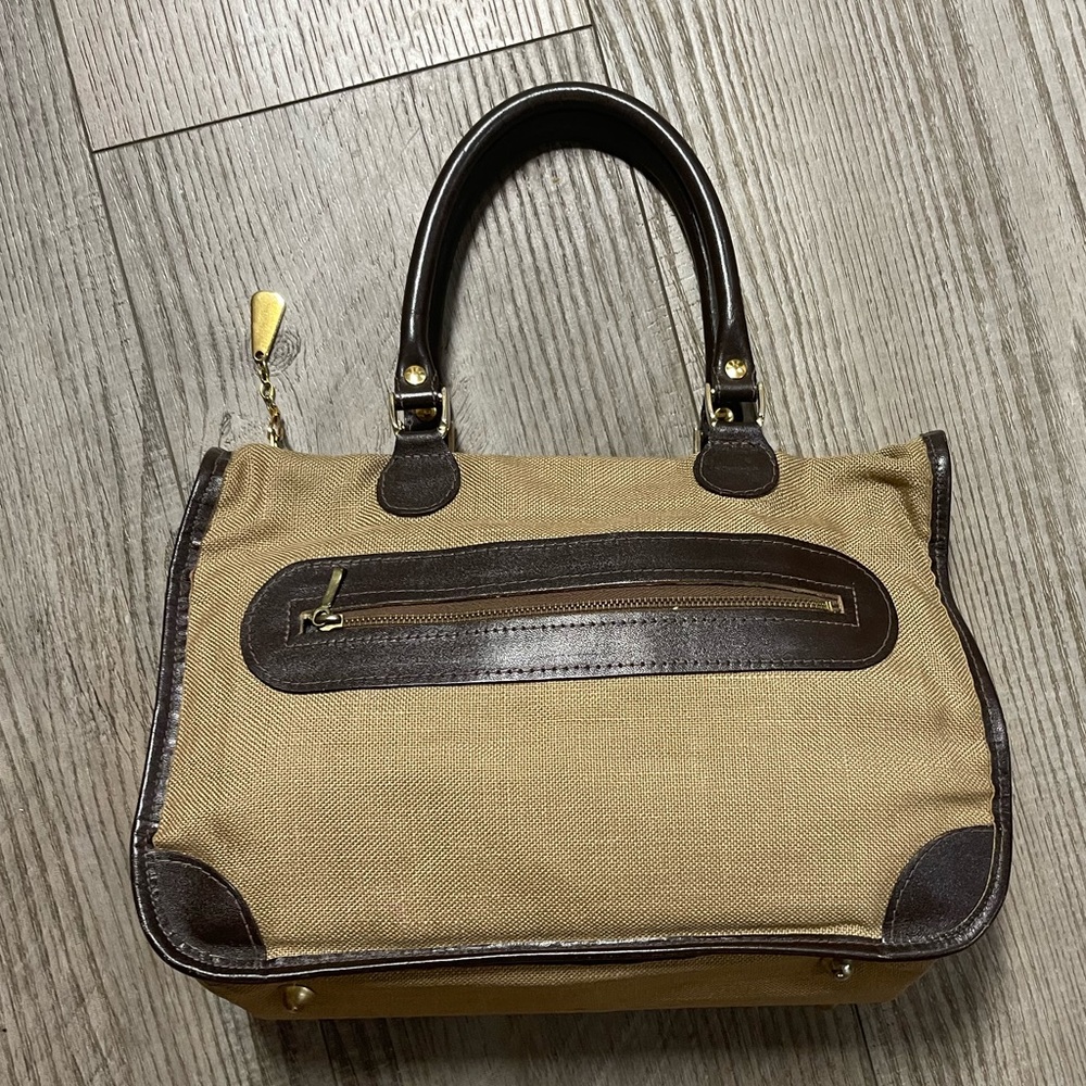 Vintage Italian Leather Canvas Ronora 1960's Handbag purse gold accents